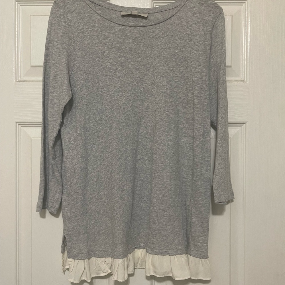 LOFT Heather Gray top with White Ruffle Hem